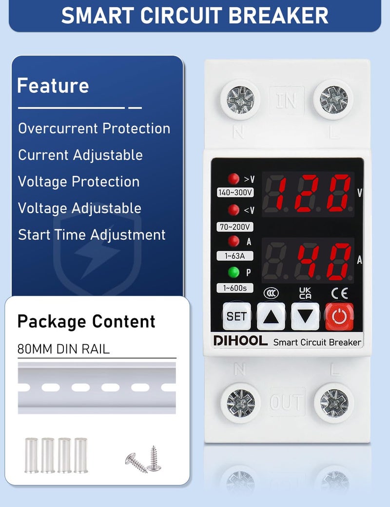 DIHOOL Adjustable Voltage Protector 110V 220V, Low/High Voltage Cutoff and Overcurrent Protection, 70-200V Undervoltage, 140-300V Overvoltage, 1-63A Smart Circuit Breaker AC Disconnect, DIN Rail Mount - Image 3